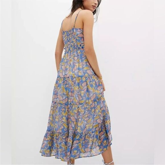 Anthropologie Verb by Pallavi Singhee Blue Floral Boho Tiered Midi Dress Size 12 - Picture 2 of 9